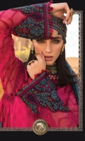 Embroidered printed lawn front Printed lawn back Embroidered chiffon sleeves Printed sleeves and ghera patti Embroidered lawn sleeve patti Dyed cambric trouser Silk printed dupatta Embroidered neck patti