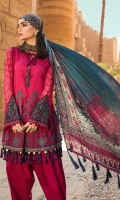 Embroidered printed lawn front Printed lawn back Embroidered chiffon sleeves Printed sleeves and ghera patti Embroidered lawn sleeve patti Dyed cambric trouser Silk printed dupatta Embroidered neck patti
