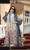 Embroidered printed lawn front Printed lawn back Embroidered chiffon sleeves Printed sleeves and ghera patti Embroidered lawn sleeve patti Dyed cambric trouser Silk printed dupatta Embroidered neck patti