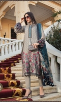 Embroidered printed lawn front Printed lawn back Embroidered chiffon sleeves Printed sleeves and ghera patti Embroidered lawn sleeve patti Dyed cambric trouser Silk printed dupatta Embroidered neck patti