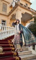 Embroidered printed lawn front Printed lawn back Embroidered chiffon sleeves Printed sleeves and ghera patti Embroidered lawn sleeve patti Dyed cambric trouser Silk printed dupatta Embroidered neck patti