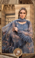 Embroidered printed lawn front Printed lawn back Embroidered printed chiffon sleeves Embroidered ghera lace Schiffli embroidered sleeve lace Schiffli embroidered shoulder lace Printed cambric trouser Woven organza jacquard dupatta Printed cotton satin dupatta pallu Swarovski buttons