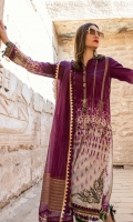Embroidered printed lawn front Printed lawn back Embroidered printed lawn sleeves Printed lawn sleeve patti Printed cambric trouser Woven khaddi dupatta Embroidered lawn neck patti Embroidered organza ghera patch Embroidered lawn sleeve patti Embroidered lawn ghera patti