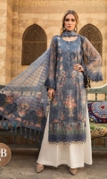 Embroidered printed lawn front Printed lawn back Embroidered printed chiffon sleeves Embroidered ghera lace Schiffli embroidered sleeve lace Schiffli embroidered shoulder lace Printed cambric trouser Woven organza jacquard dupatta Printed cotton satin dupatta pallu Swarovski buttons