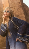 Shaded woven jacquard lawn front and back Embroidered woven jacquard lawn sleeves Jute embroidered neckline Patti with pearls Embroidered neckline Burnout embroidered ghera patch Burnout embroidered sleeve patch Printed lawn sleeve patti Printed cambric trouser Jacquard chiffon dupatta
