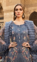 Embroidered printed lawn front Printed lawn back Embroidered printed chiffon sleeves Embroidered ghera lace Schiffli embroidered sleeve lace Schiffli embroidered shoulder lace Printed cambric trouser Woven organza jacquard dupatta Printed cotton satin dupatta pallu Swarovski buttons