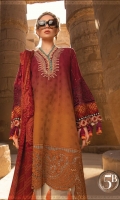Shaded woven jacquard lawn front and back Embroidered woven jacquard lawn sleeves Jute embroidered neckline Patti with pearls Embroidered neckline Burnout embroidered ghera patch Burnout embroidered sleeve patch Printed lawn sleeve patti Printed cambric trouser Jacquard chiffon dupatta