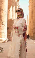 Hand woven jacquard lawn front Hand woven jacquard lawn back Hand woven jacquard lawn sleeves I Embroidered organza sleeves II Embroidered organza sleeve patti Embroidered neck patti with pearls Embroidered organza ghera patti Embroidered organza sleeve patches Schiffli embroidered cambric trouser Embroidered printed chiffon dupatta �