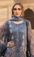 Embroidered printed lawn front Printed lawn back Embroidered printed chiffon sleeves Embroidered ghera lace Schiffli embroidered sleeve lace Schiffli embroidered shoulder lace Printed cambric trouser Woven organza jacquard dupatta Printed cotton satin dupatta pallu Swarovski buttons