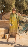 Embroidered woven jacquard lawn front Woven jacquard lawn back Woven jacquard lawn sleeves Dyed cambric trouser Silk printed dupatta Embroidered organza sleeve patti Embroidered organza ghera patti
