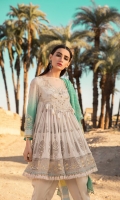 Printed crinkle lawn front and back Embroidered lawn yoke front Embroidered printed lawn sleeves Printed lawn sleeve patti Embroidered organza ghera patti Woven khaddi dupatta Embroidered dupatta schiffli cutwork edge lace Dyed cambric trouser