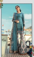 Printed front 1.25m Printed back 1.25m Printed sleeves 0.65m Embroidered neckline 1piece Embroidered ghera patti 1m Embroidered sleeve patti 1m Embroidered net dupatta 2.66m Printed dupatta patti 9m Printed trouser 2m