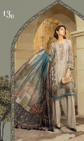 Printed and embroidered center panel 1piece Printed and embroidered side panel 2pieces Printed back 1.25m Printed sleeves 0.65m Embroidered ghera patch 1piece Embroidered ghera patti 1m Dyed trouser 2m Silk printed dupatta 2.5m