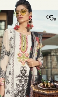 Printed front 1.25m Printed back 1.25m Chiffon embroidered sleeves 0.67m Embroidered neckline 1piece Embroidered sleeve patti 1m Dyed trouser 2m Chiffon printed dupatta 2.5m