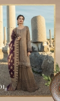 Embroidered center panel 1piece Embroidered side panel 26” Printed back 1.25m Printed sleeves 0.65m Embroidered ghera patti 1m Embroidered sleeve patch 2 pieces Embroidered sleeve patti 1m Schiffli embroidered trouser 2m Organza jacquard dupatta 2.5m Swarovski buttons