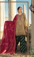 Printed front 1.25m Printed back 1.25m Chiffon embroidered sleeves 0.67m Embroidered neckline 1piece Embroidered ghera patti 1m Jacquard dupatta 2.5m Printed trouser 2m