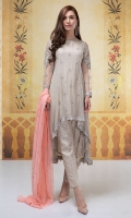 3 piece Shirt dupatta and trouser Chiffon A- line cut shirt fully embroidered Net sleeves fully embroidered Embellished shirt front and neckline Jacquard pants Net embroidered dupatta