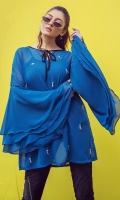 1 Piece Blue georgette tunic with front embellishment, tri layered sleeves and Under shirt