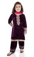 3 piece Shirt, shalwar and dupatta Purple velvet shirt with embroidered patti on sleeves and neck Sequin spray on shirt Purple velvet embroidered shalwar with pink net dupatta Embellished with tilla balls, buttons and kiran lace