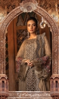 Diamante cut work organza center panel with pearls Diamante chiffon side panel and sleeves Embroidered organza sleeve lace with 3D flowers Chiffon back Embroidered cut work ghera lace Diamante embroidered chiffon dupatta Embroidered organza dupatta lace Embroidered net trouser Cotton satin trouser lining Grip undershirt