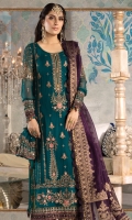 Embroidered chiffon front panel Embroidered chiffon side panels Dyed chiffon back Embroidered chiffon sleeves Embroidered organza ghera patch Embroidered velvet ghera patti for front and back Embroidered velvet sleeves patti Dyed cotton satin undershirt Organza jacquard dupatta with diamantes spray Dyed jacquard trouser