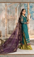Embroidered chiffon front panel Embroidered chiffon side panels Dyed chiffon back Embroidered chiffon sleeves Embroidered organza ghera patch Embroidered velvet ghera patti for front and back Embroidered velvet sleeves patti Dyed cotton satin undershirt Organza jacquard dupatta with diamantes spray Dyed jacquard trouser
