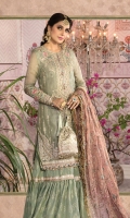 Embroidered organza center panel for front Embroidered organza side panel for front Embroidered organza sleeves Dyed organza back Embroidered organza neckline Embroidered organza ghera patch Embroidered organza sleeves patch Embroidered tissue sleeves lace Embroidered tissue ghera lace Dyed tissue undershirt Dyed jacquard gharara Embroidered tissue gharara lace Embroidered zari net dupatta Embroidered tissue dupatta lace