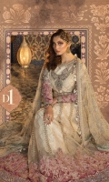 Net front and back Foil hand woven raw silk jacquard sleeves Hand embellished neckline Hand embellished yoke Embroidered organza panel patti Embroidered Velvet ghera lace I Gota embroidered Velvet ghera lace II Embroidered Velvet ghera lace for front and back Embroidered Velvet sleeve patch Embroidered Velvet sleeve lace Gota embroidered net dupatta Embroidered Velvet dupatta lace Foil Hand woven raw silk jacquard inner shirt Woven jacquard trouser Embroidered Velvet lace dupatta pallu Finishing accessories