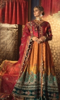 Embroidered pure charmeuse silk printed front Pure charmeuse silk printed back Embroidered pure charmeuse silk embroidered sleeves Embroidered velvet neckline patch Embroidered velvet neckline patti Gota embroidered velvet ghera lace for front Gota embroidered ghera lace for front & back Pearls encrusted front embroidered ghera lace Gota embroidered organza sleeve lace Embroidered velvet sleeve lace Gota embroidered organza dupatta Digital printed cotton satin dupatta lace Embroidered velvet dupatta lace woven jacquard trouser Embroidered velvet trouser lace Hand embellished hanging tassels Finishing accessories