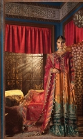 Embroidered pure charmeuse silk printed front Pure charmeuse silk printed back Embroidered pure charmeuse silk embroidered sleeves Embroidered velvet neckline patch Embroidered velvet neckline patti Gota embroidered velvet ghera lace for front Gota embroidered ghera lace for front & back Pearls encrusted front embroidered ghera lace Gota embroidered organza sleeve lace Embroidered velvet sleeve lace Gota embroidered organza dupatta Digital printed cotton satin dupatta lace Embroidered velvet dupatta lace woven jacquard trouser Embroidered velvet trouser lace Hand embellished hanging tassels Finishing accessories