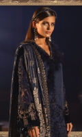 Velvet appliquéd embroidered pure organza front Velvet appliquéd embroidered pure organza sleeves Pure organza back Embroidered velvet ghera patch for front Embroidered velvet ghera Patti for Back Embroidered velvet sleeve patch Hand woven pure chiffon jacquard dupatta Embroidered velvet dupatta lace Embroidered velvet dupatta pallu lace Grip inner shirt Cotton satin trouser Hand embellished neckline lace with feather details Finishing accessories