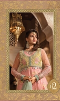 Hand embellished and embroidered velvet koti Embroidered velvet koti back Embroidered organza neckline Embroidered net front, back and sleeves Embroidered velvet ghera patch lace for front Embroidered velvet sleeve patch Embroidered velvet ghera lace for front and back Embroidered velvet sleeve lace Diamante woven organza jacquard dupatta Digital printed cotton satin inner shirt Woven jacquard trouser Embroidered velvet dupatta lace Finishing accessories
