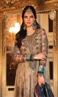 Embroidered and hand embellished zari net yoke Embroidered zari net sleeves Embroidered zari net front panels Embroidered zari net back Embroidered tissue slleeves patti Embroidered velvet sleeve patti Embroidered organza ghera lace Embroidered raw silk ghera patti for front and back Embroidered velvet ghera patti for front and back Tissue undershirt Raw silk trouser Organza jacquard khaddi dupatta Embroidered velvet four sided dupatta patti 