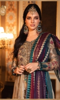 Embroidered and hand embellished zari net yoke Embroidered zari net sleeves Embroidered zari net front panels Embroidered zari net back Embroidered tissue slleeves patti Embroidered velvet sleeve patti Embroidered organza ghera lace Embroidered raw silk ghera patti for front and back Embroidered velvet ghera patti for front and back Tissue undershirt Raw silk trouser Organza jacquard khaddi dupatta Embroidered velvet four sided dupatta patti 