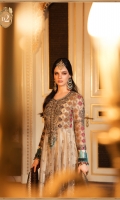 Embroidered and hand embellished zari net yoke Embroidered zari net sleeves Embroidered zari net front panels Embroidered zari net back Embroidered tissue slleeves patti Embroidered velvet sleeve patti Embroidered organza ghera lace Embroidered raw silk ghera patti for front and back Embroidered velvet ghera patti for front and back Tissue undershirt Raw silk trouser Organza jacquard khaddi dupatta Embroidered velvet four sided dupatta patti 