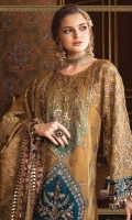 Shaded embroidered cotton satin centre panel Embroidered zari net front Plain zari net back Embroidered zari net sleeves Embroidered velvet sleeve patti Embroidered velvet ghera patti for front Embroidered velvet ghera patti for back raw silk undershirt Jacquard trouser Organza jacquard dupatta Embroidered velvet four sided dupatta patti 