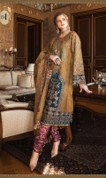 Shaded embroidered cotton satin centre panel Embroidered zari net front Plain zari net back Embroidered zari net sleeves Embroidered velvet sleeve patti Embroidered velvet ghera patti for front Embroidered velvet ghera patti for back raw silk undershirt Jacquard trouser Organza jacquard dupatta Embroidered velvet four sided dupatta patti 