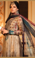 Embroidered and hand embellished zari net yoke Embroidered zari net sleeves Embroidered zari net front panels Embroidered zari net back Embroidered tissue slleeves patti Embroidered velvet sleeve patti Embroidered organza ghera lace Embroidered raw silk ghera patti for front and back Embroidered velvet ghera patti for front and back Tissue undershirt Raw silk trouser Organza jacquard khaddi dupatta Embroidered velvet four sided dupatta patti 