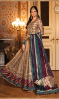 Embroidered and hand embellished zari net yoke Embroidered zari net sleeves Embroidered zari net front panels Embroidered zari net back Embroidered tissue slleeves patti Embroidered velvet sleeve patti Embroidered organza ghera lace Embroidered raw silk ghera patti for front and back Embroidered velvet ghera patti for front and back Tissue undershirt Raw silk trouser Organza jacquard khaddi dupatta Embroidered velvet four sided dupatta patti 