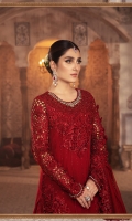 Embroidered Pure Chiffon Front With Diamantes Embroidered Organza Sleeves With Hand Work & 3D Flowers Dyed Pure Chiffon Back Embroidered Organza Neckline With Handwork with 3D Flowers Embroidered Organza Ghera Patti Embroidered Organza Ghera Patches Left & Right Dyed Jacquard Gharara Dyed Raw Silk Undershirt Dyed Pure Chiffon Dupatta With Diamantes Spray Embroidered Organza Dupatta Patti Embroidered Organza Dupatta Pallu Lace