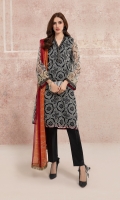 Printed shirt with embroidery on sleeves and neck Along with straight trouser and chiffon tie and dye dupatta