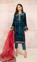 Printed Velvet shirt with embroidery on neck, hem and sleeves along with straight trousers and block printed organza dupatta