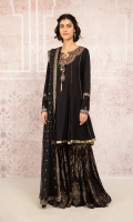 Frock with panels embroidery on sleeves and neck. Along with gharara and embroidered dupatta