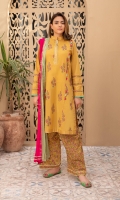 Shirt fabric: Lawn Trouser fabric: Cotton lawn Dupatta fabric: Lawn Straight panelled shirt with gold and coloured block print all over shirt and sleeves detailed with fabric triangles in pannels and gold trim on neckline paired with block printed shalwar and crushed two coloured dupatta
