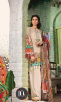 3Piece  Printed shirt 3.15m  Dyed cambric trouser 2m  Printed chiffon dupatta 2.5m  Embroidered neckline 1piece
