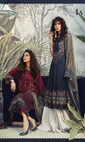 Printed linen shirt printed chiffon dupatta Printed cambric trouser Embroidered neckline Embroidered sleeve patti