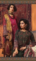 Printed khaddar shirt Printed silk dupatta Dyed cambric trouser Embroidered neckline