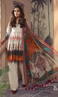 Embroidered printed front Printed back and sleeves Printed chiffon dupatta Dyed cambric trouser