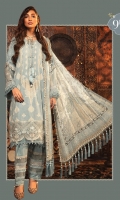 Printed karandi shirt Linen dobby trouser Printed cotton net dupatta Embroidered gherapatti Embroidered sleeve patti