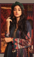 Printed cambric shirt Linen dobby trouser Printed cotton net dupatta Embroidered ghera Embroidered neckline